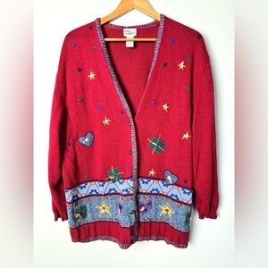 Vintage Teacher Cardigan Bright Red Knit‎ Colorful Whimsical Size 2X